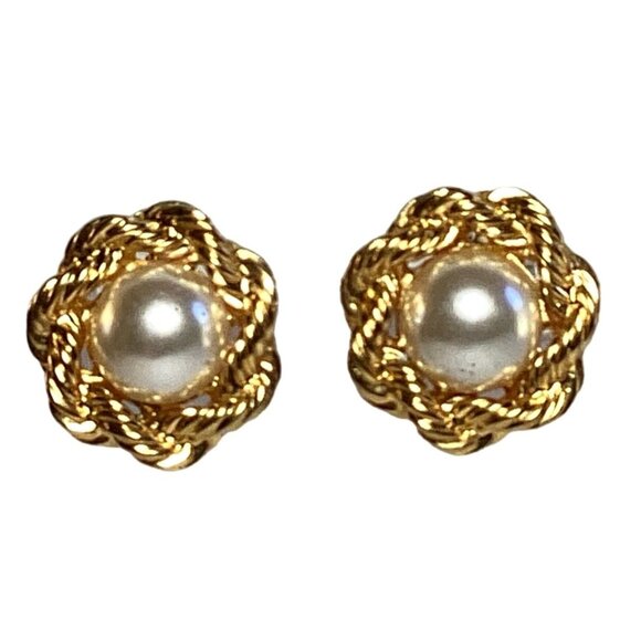 Napier Gold Tone Adjustable Clip On Earrings with Faux Pearl and a Rope Design - Picture 1 of 5